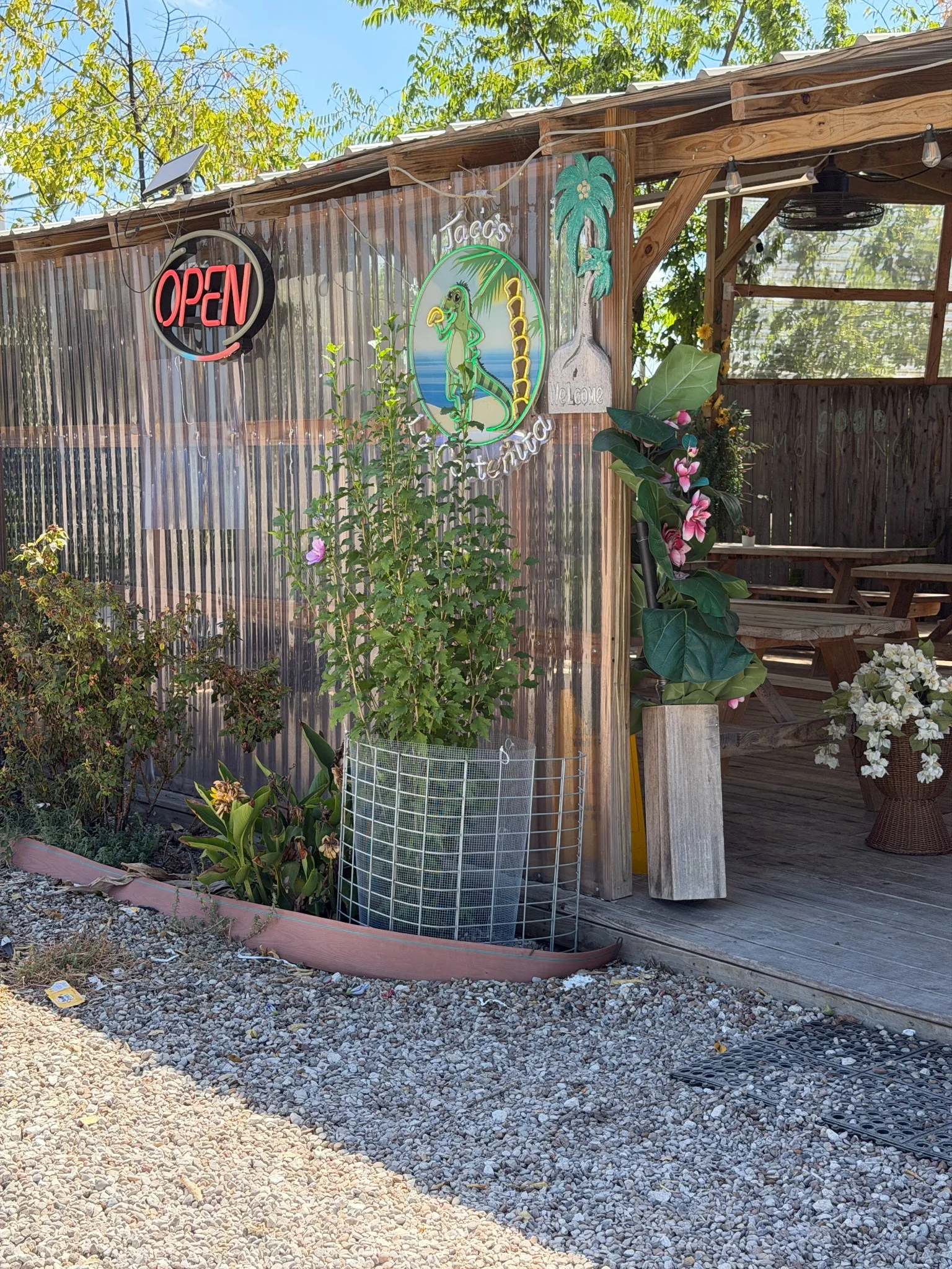 Entrance to Tacos La Costeñita with the neon OPEN sign and covered patio